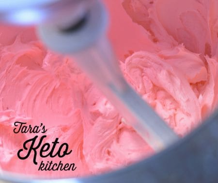 keto strawberry frosting close up of the mixing bowl