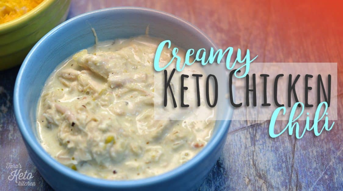 close up image of Creamy Keto Chicken Chili in a bowl with title