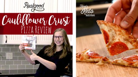 cauliflower crust pizza review header graphic showing a slice of pizza and tara holding the box