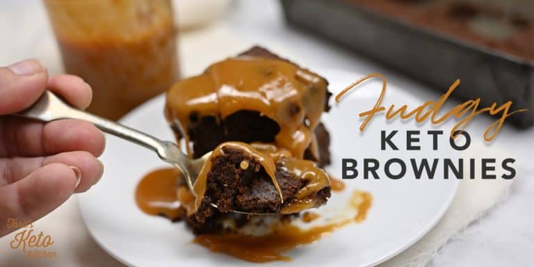 Fudgy Keto Brownies on a plate with caramel sauce